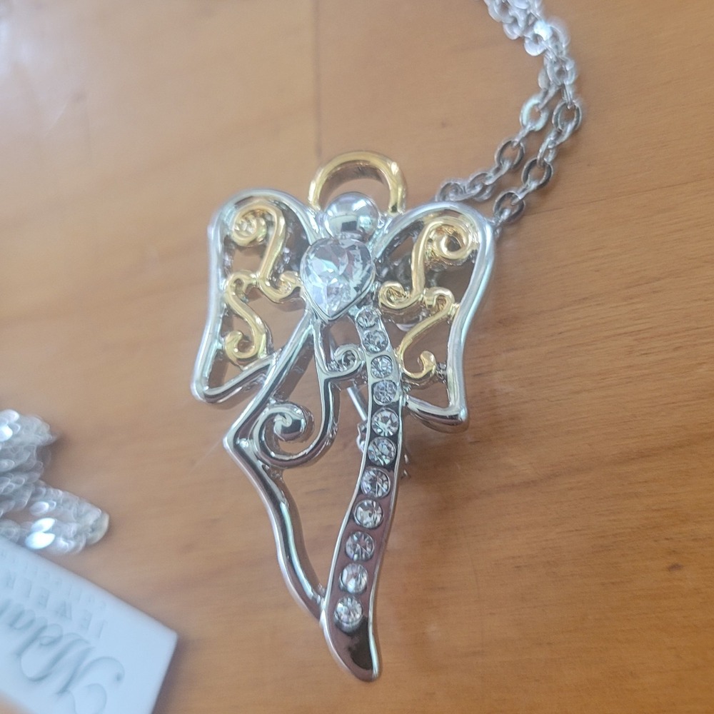 Melanie Jewelry Angel Pendant Necklace Pin Brooch Rhinestone 20" Chain NWT